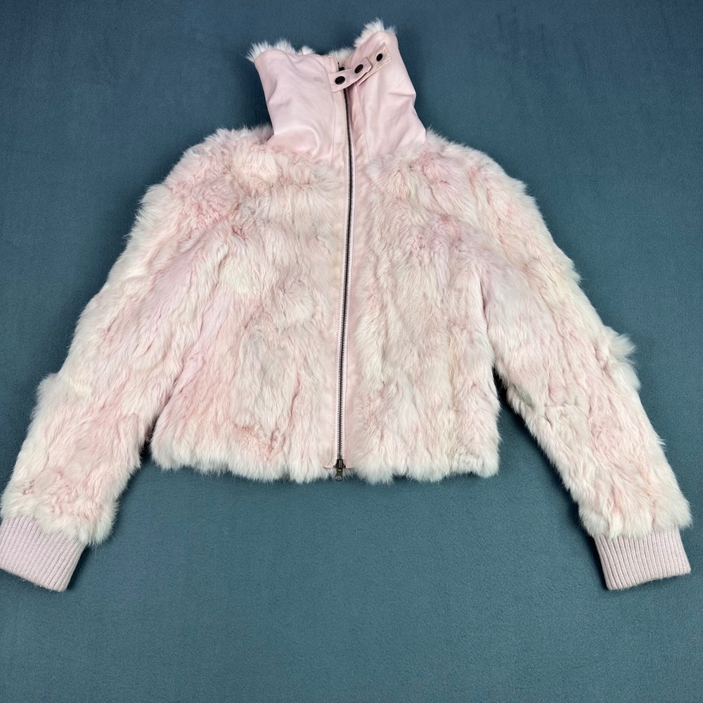 Jennyfer J Pink Rabbit Fur Jacket Y2K Cropped Bomber Faux Leather Trim Small